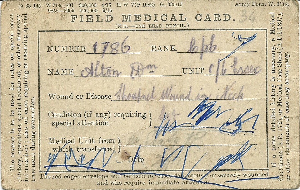 1917 Field medical card for William Alton - shrapnel wounds