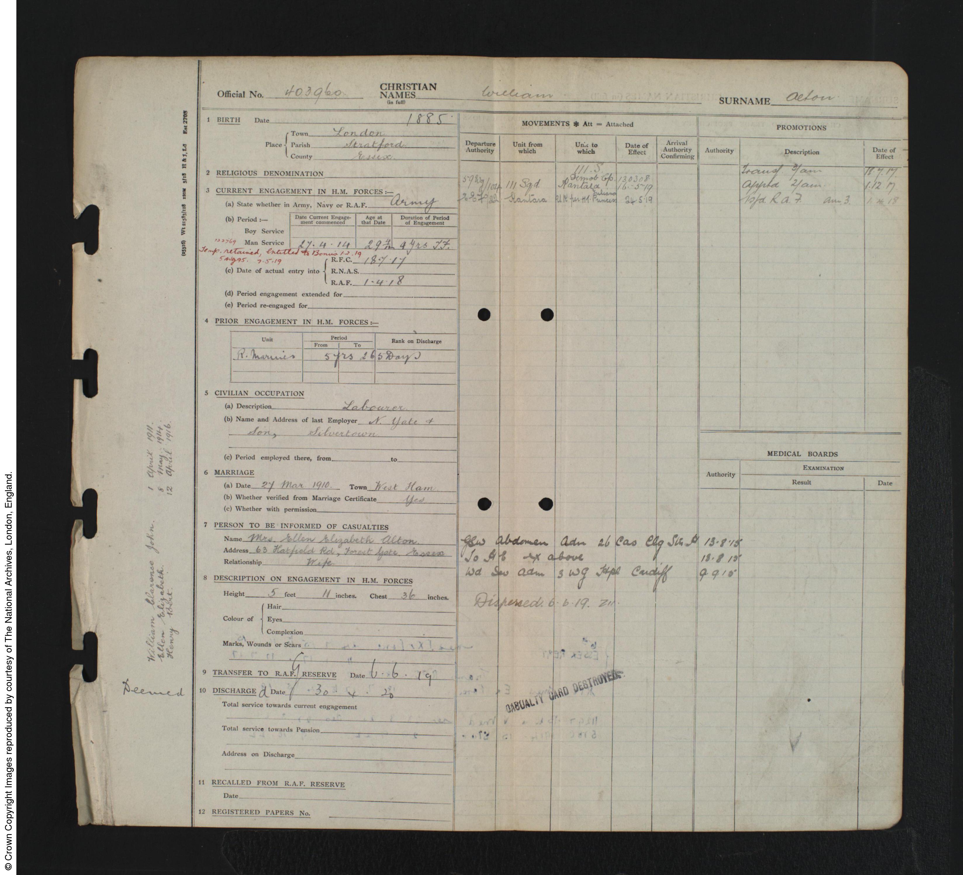 1918 - William Alton; RAF Service Record (findmypast; GBM_AIR79_2985_00164)