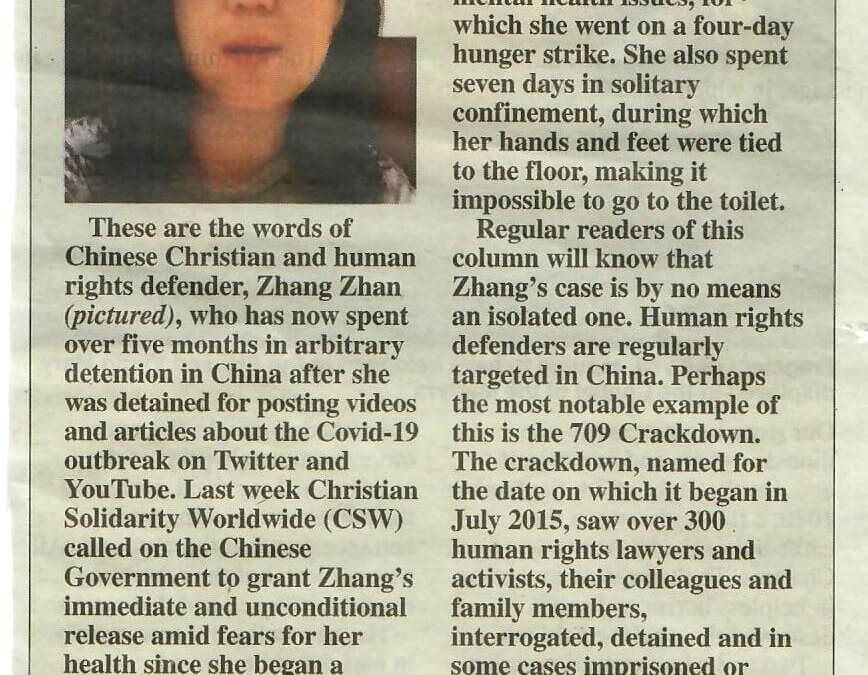 UK Government admits that it hasn’t raised the case of Chinese citizen journalist and human rights defender Zhang Zhan who  disappeared into arbitrary detention five months ago for posting articles on Twitter about Covid 19. Having refused to plead guilty, reports suggest that she is on hunger strike and being forcibly fed.