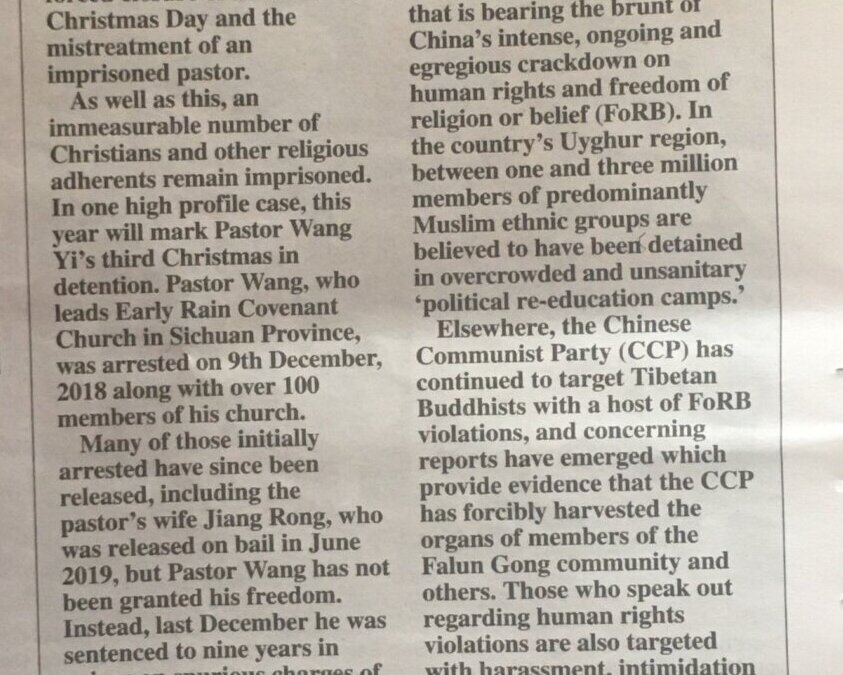 In its Christmas edition The Universe highlights the plight of imprisoned Chinese Pastor,Wang Yi, and the persecution of Chinese Christians