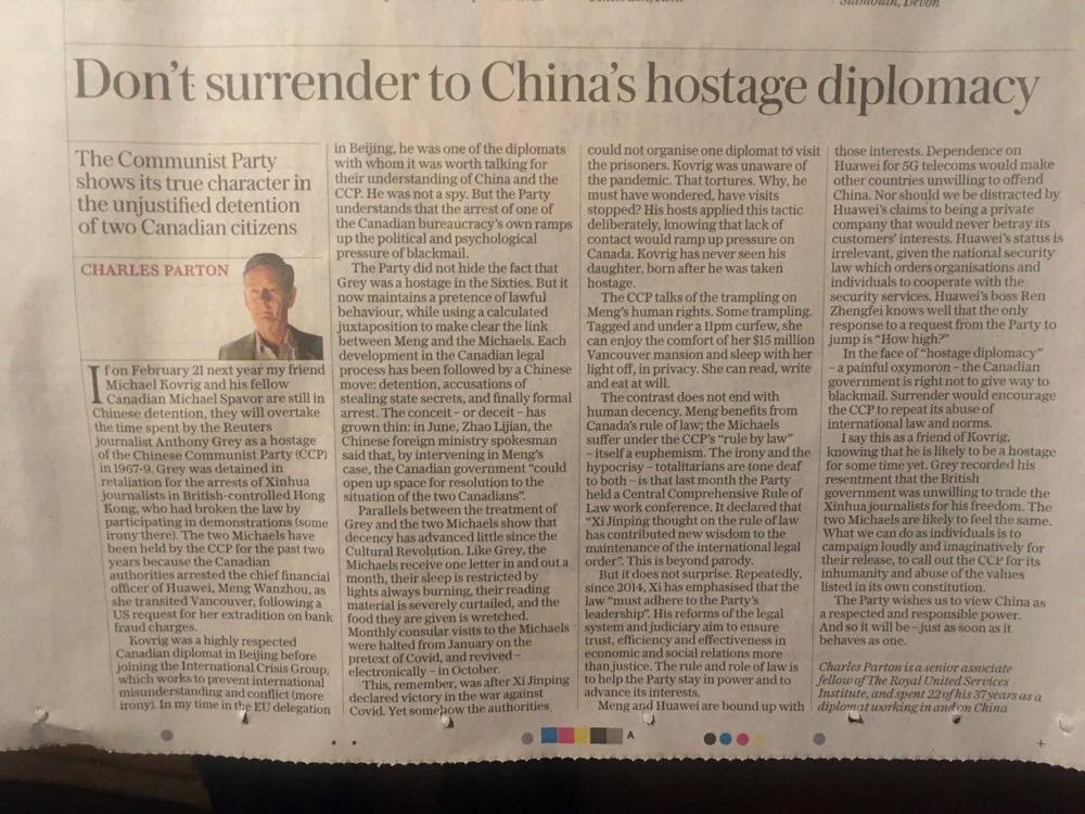 Charles Parton in today’s Telegraph on why we should not capitulate to ...