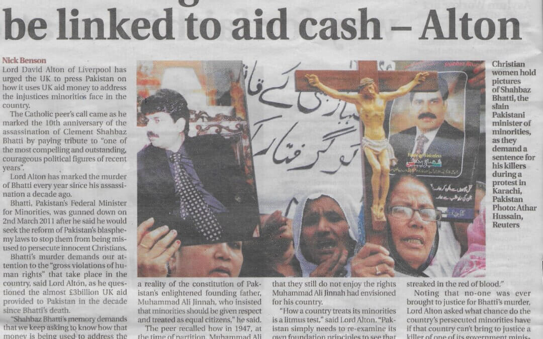 Renewed calls for UK’s aid programme to Pakistan to be linked to the protection of its minorities.