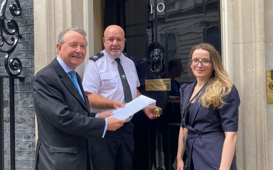 At 10 Downing Street delivering a letter to the Prime Minister along with a Petition from many NGOs and charities demanding international action to trace and free missing Yazidi women abducted during the Genocide